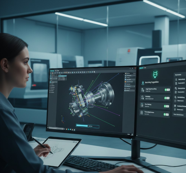 Interfaccia NX 2512: programmazione CAM con AI Machining Suggestions e calcolo in background.