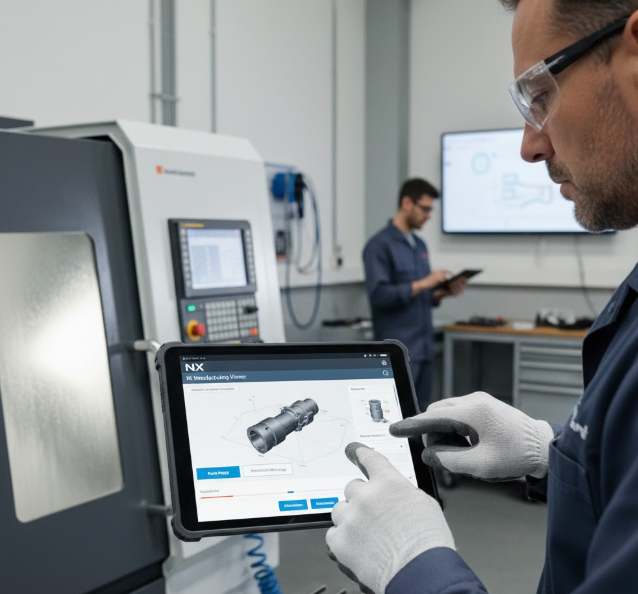 NX Manufacturing Viewer: visualizzazione 3D e setup macchina su tablet in officina.